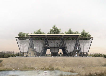 Triangular Glass Facade With Sustainability-Focused Steel Framework in a Biodiverse Wetland Environment