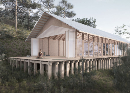 Charred Wooden Shingles and Cork Insulation in a Tranquil Yoga Retreat  