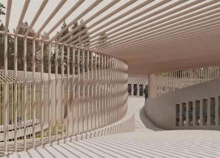 Trellis Canopy of Concrete and Timber Nurtures Contemplation in a Forest Columbarium