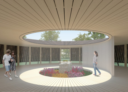 Meditation Pavilion Featuring Burnt Wood Siding and Natural Light Integration in a Meadow Setting