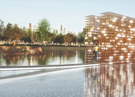 Whispering Spaces Crafted in Copper and Glass for Community Reflection  