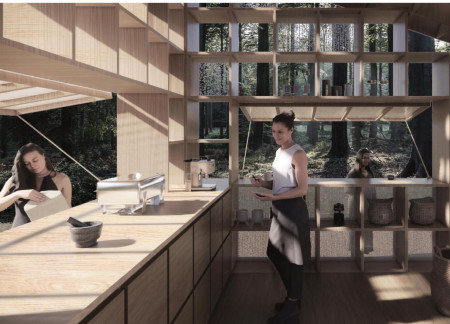Glowing Polycarbonate Facades and Lightweight Structures in a Forest-Focused Community Food Court