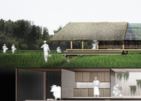 Rural dwelling designed with palm leaves and modular structures for sustainable living