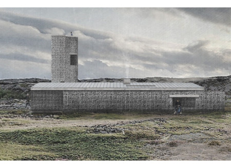 Gabion-Walled Observation Tower Crafted From Volcanic Stone And Dark Timber In Icelandic Terrain