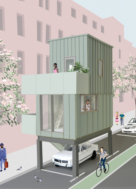 Elevated Living Units With Steel Frames and Integrated Photovoltaics Above Urban Parking Spaces