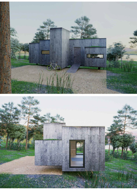 Charred Wooden Shingles Enveloping a Sustainable Home with Rainwater Harvesting Features  