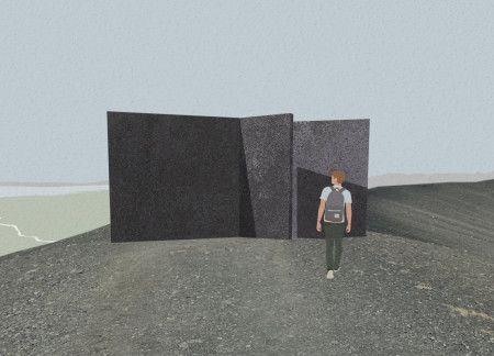 Black Concrete Walls Integrating Natural Stone in a Volcanic Landscape Experience Center