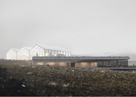 Restaurant featuring polycarbonate glazing and geothermal energy integration in a volcanic landscape  