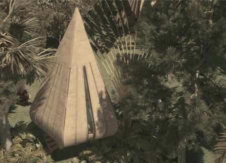 Pentagonal Retreat Featuring Bamboo Facade and Sustainable Wood Elements