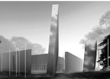 Memorial Space Featuring Exposed Aggregate Concrete and Serene Water Elements in a Forested Setting
