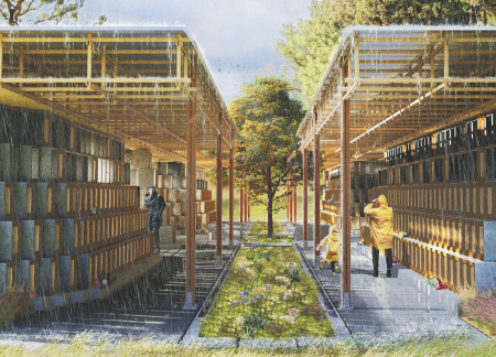 Curved Concrete Pathways and Transparent Glass Connect Modular Timber Memorials with Nature  