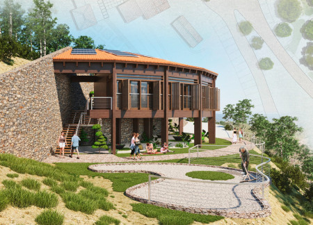 Curved Forms And Stained Glass Enhance A Sustainable Retreat Amidst Mountain Scenery  