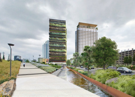 Vertical Garden Integrated with Natural Stone and Glass Facades in Urban Community Hub