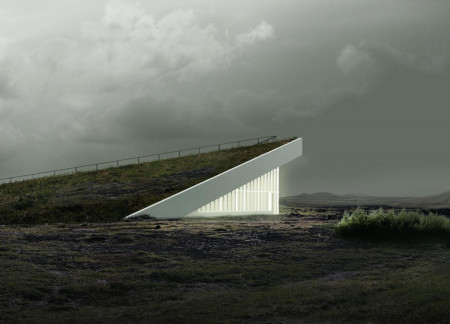 Geothermal Pavilion With Textured Concrete and Triangular Form Embracing Natural Landscape