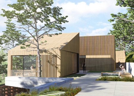 Charred Wooden Shingles and Segmental Brick Construction in a Tranquil Wellness Retreat