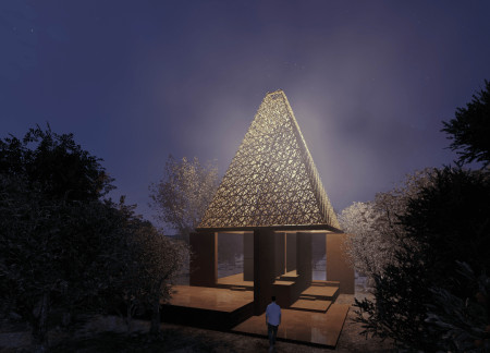 Bamboo Canopy Over Yellow Sandstone Oasis in Themed Garden Retreat  