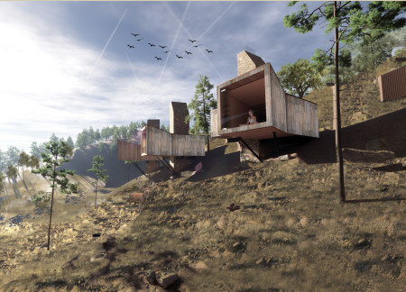 Elevated Cabins Crafted from Local Stone and Sustainable Timber in a Serene Natural Landscape  