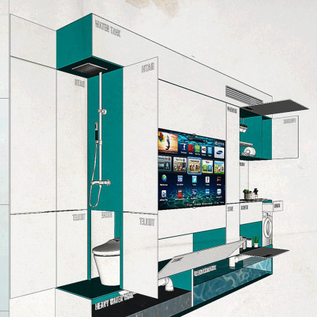 Multifunctional Living Within A High-Gloss Teal Wall Structure Using Laminated Wood Elements