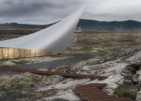 Hyperboloidal Roofs Crafted With Metal Cladding Overlooking Geological Strata
