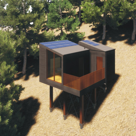 Elevated Fiber Cement Pods Framed by Natural Wood in Harmonious Cliff Setting