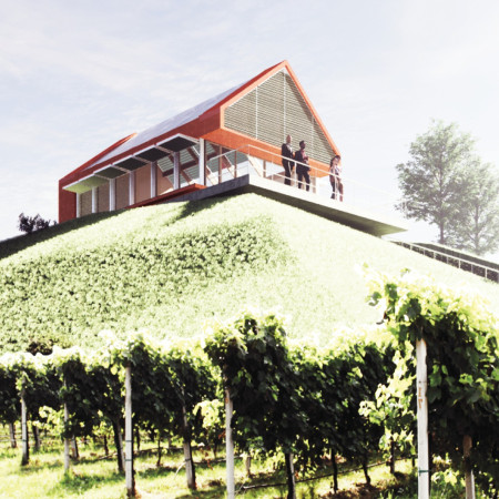 Metallic Screens and Crimson Plaster Integrated Within a Scenic Tasting Room in Portugal