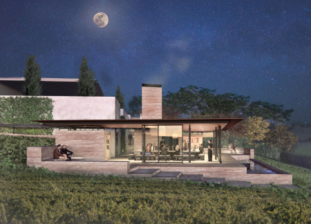 Rammed Earth Pavilion Featuring Expansive Glass Elements and Timber Integration in a Vineyard Setting