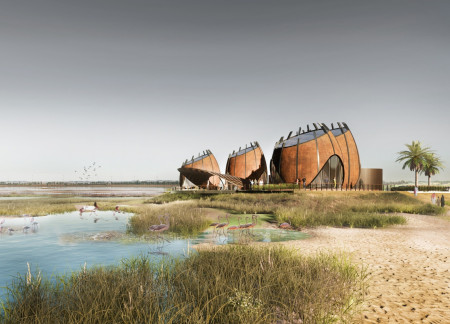 Flamingo-Inspired Pavilions Crafted From Sustainable Timber and Glass Emphasizing Ecological Harmony