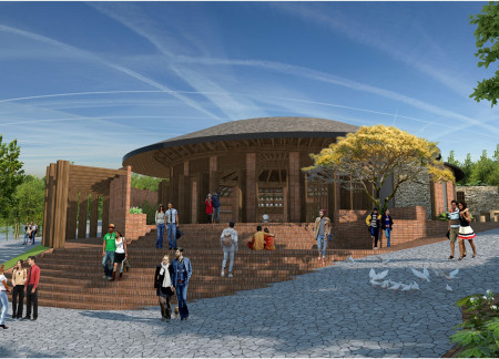 Charred Wooden Shingles Framing A Circular Community Space Emphasizing Connection and Nature