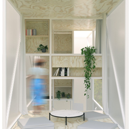 Vertical Living Solution Featuring Plywood Structure and Solar Integration in Compact Design  