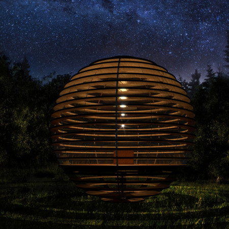Spherical Meditation Cabin Crafted From Charred Wood and Recycled Steel