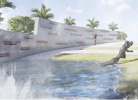 Corten Steel Sculptures and Engraved Stone Walls Create a Climate Reflection Memorial