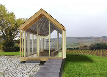 Elevated Timber Structure With OSB Insulation Nestled Among Vineyards