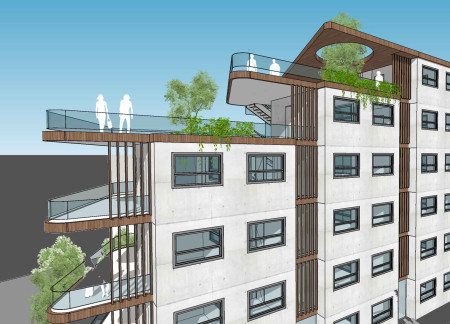Co-living space featuring cross-laminated timber panels and charred wooden shingles for sustainable urban community living  