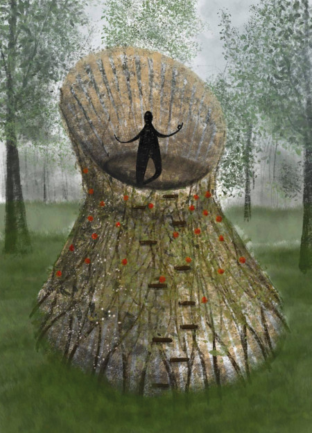 Conical Meditation Sanctuary Crafted From Native Wood and Integrated With Local Flora