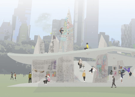 Digitally Fabricated Stone Pillars Integrated With Carved Artifacts in a Community Pavilion