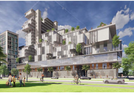 Charred Wooden Shingles and Green Roof Integration in Hub for Diverse Living Choices