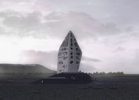 Monolithic Structure Crafted with Local Stone and Glass Fiber Panels for Sustainable Visitor Engagement