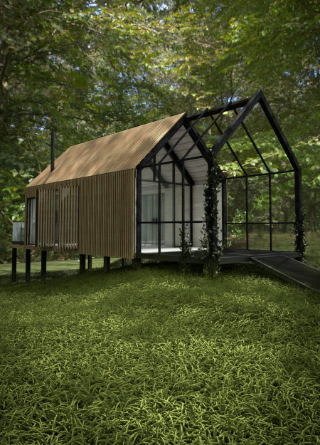Sustainable Steel Mesh And Wood Cabin With Biophilic Design Elements