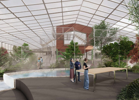 Transparent Polycarbonate Walls and Tiered Seating Enhance Dining Experience in a Steel-Structured Greenhouse