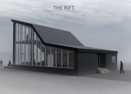 Visitor Center Featuring Black Stone Brick and Laminated Timber Beams in a Volcanic Landscape
