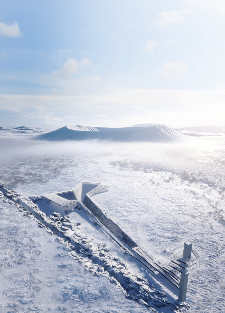 Natural Stone and Reinforced Concrete Structure Nestled Within Iceland's Geological Landscape