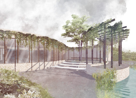 Natural Cob Structure Embracing Passive Solar Design with Transparent Walls and Native Landscape Integration