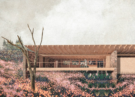 Cork-Infused Design With Stone Walls Nestled in a Mountain Retreat for Mindful Practice