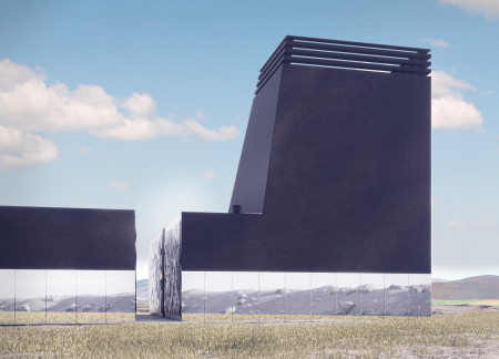 Curved Roof and Mirrored Glass Define a Sustainable Community Space Wrapped in Black Concrete