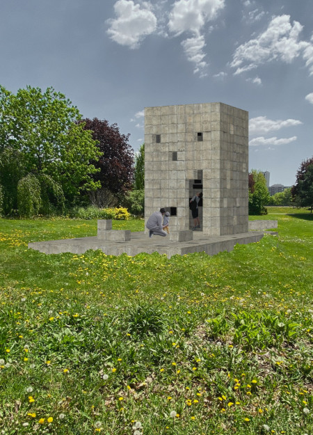 Contemplative Space Emphasizing Modular Concrete Blocks and Transparent Facades for Community Engagement