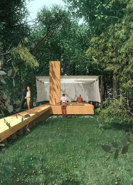 Cork Podium and Translucent Fabric Enclosure for a Mindful Retreat