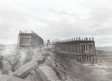 Tectonic Structures Featuring Local Spruce and Geothermal Integration Amid Volcanic Landscape
