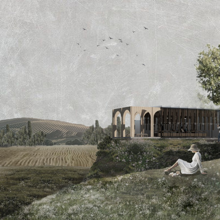 Charred Wooden Shingles and Arched Timber Structures Enhancing Wine Tasting Experiences in a Verdant Landscape
