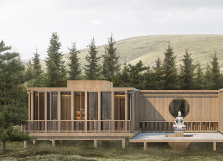 Rainwater Harvesting Retreat With Glass-Walled Spaces Crafted From Sustainable Pine Wood  
