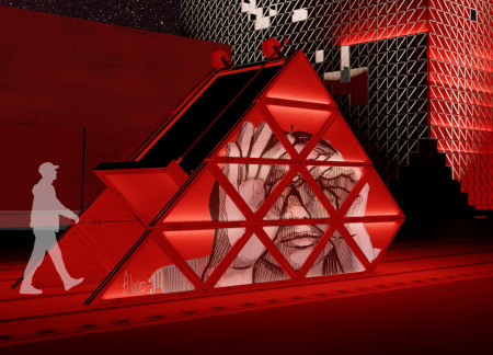 Pyramid Structure Featuring Recycled Metal and Transparent Façade in Urban Nightlife Hub